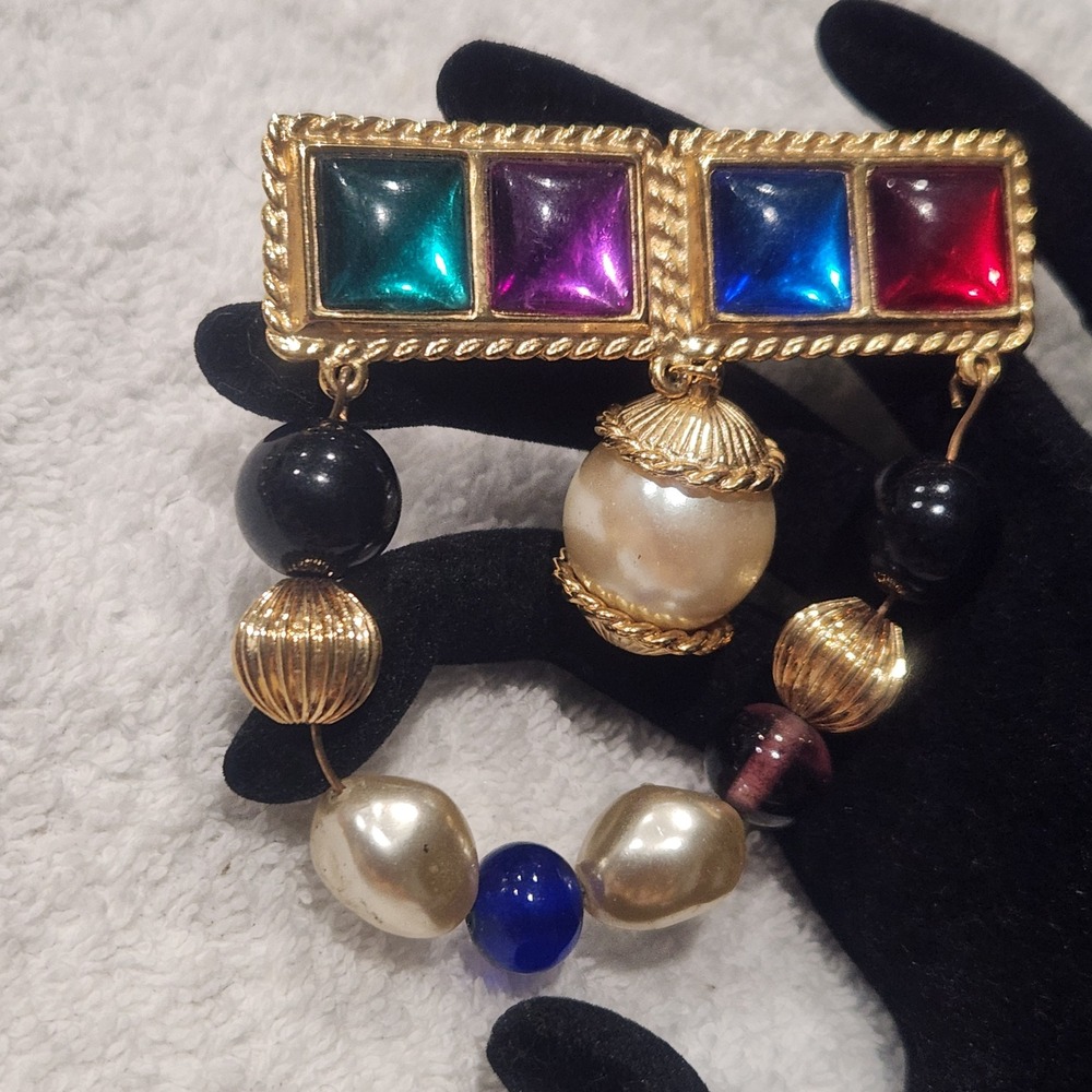 Vintage Gold Tone Multi Color Cabochon Faux Pearl Beaded Drop Statement‎ Brooch - Picture 2 of 9